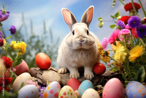 Many Happy smiling Easter Bunnies with many colorful easter eggs