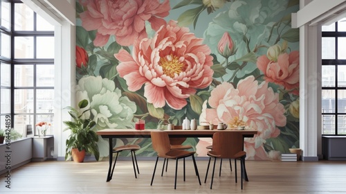 A room featuring a 3D wallpaper design showcasing an array of colorful peonies against a subtle, muted background. photo