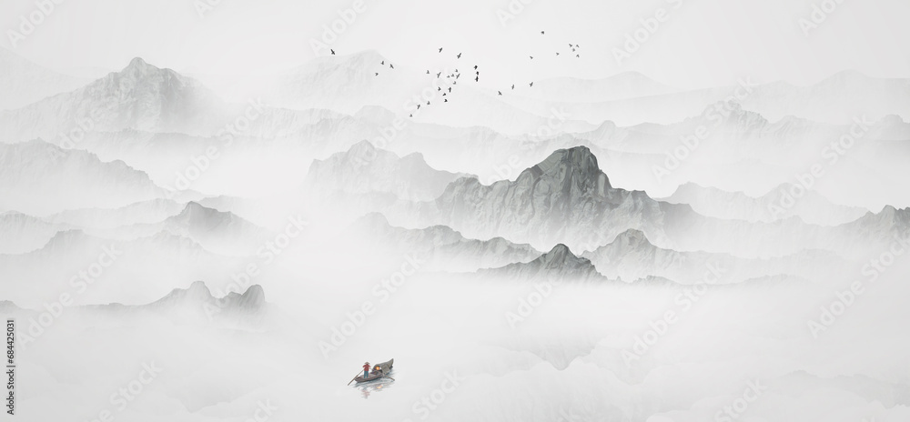 Chinese style artistic conception ink wash landscape background illustration