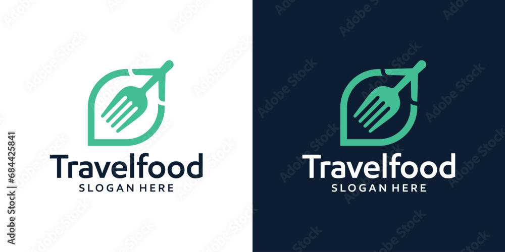 Fototapeta premium Travel food concept logo design template. Airplane logo with spoon fork design graphic vector illustration. Symbol, icon, creative.