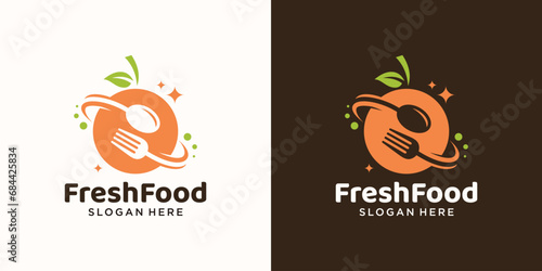 Fresh food concept logo design template. Orange fruit with spoon fork design graphic vector illustration. Symbol, icon, creative.