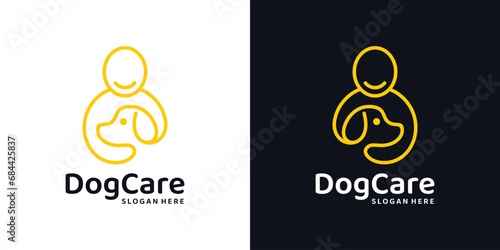 Pet care logo design template. People logo with dog with line style design graphic vector illustration. Symbol, icon, creative.