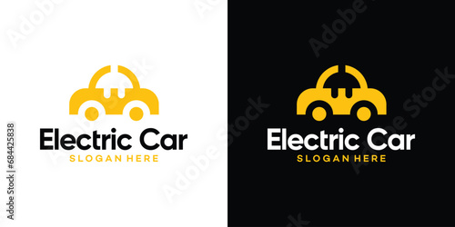 Eco friendly vehicle concept logo design template. Electric car with plug icon symbol design graphic vector illustration.