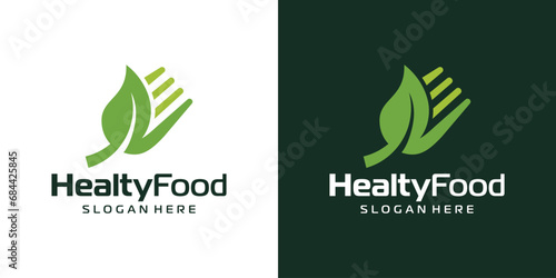 Health food logo design template. Leaf logo with spoon fork design graphic vector illustration. Symbol, icon, creative.