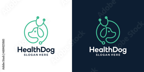 Pet care concept logo design template. Dog logo with stethoscope with line style design graphic vector illustration. Symbol, icon, creative.