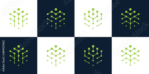 Tree tech logo design template. Abstract tree logo with hexagon tech system design graphic vector illustration. Symbol, icon, creative.