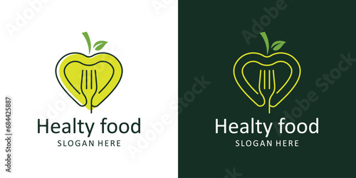 Health food logo design template. heart love logo with leaf fork design graphic vector illustration. Symbol, icon, creative.
