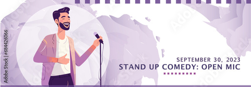 Stand up show, open mic event banner announcement. Vector advertising concept for comedy night with man comedian