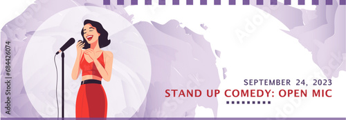 Stand up show, open mic event banner announcement. Vector advertising concept for comedy night with girl comedian