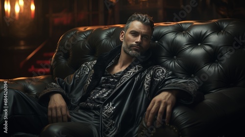 Handsome middle aged man sitt in black leather couch. 