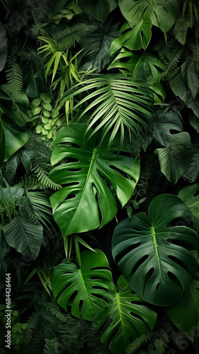 Abstract green tropical leaves Monstera palm fern and ornamen background