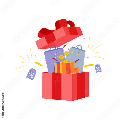 surprise open gift box with red ribbon, confetti, discount voucher, paper bag and present