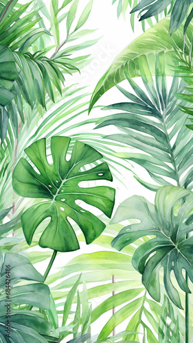 Abstract hand drawn watercolor tropical plants background