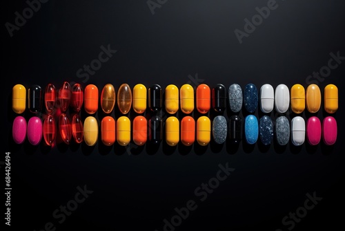 Colorful pills on black background. Medicine and health care concept.