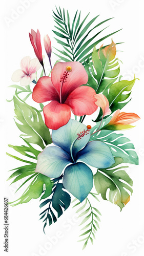 Watercolor tropical leaves and flowers illustration