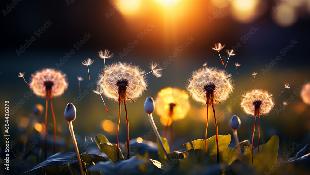 Dandelion flowers in the meadow at sunset. Beautiful nature background,Generative AI