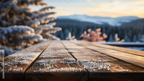Wooden table background with winter landscape. product display montage,Generative AI