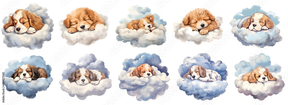Fototapeta premium set of cute sleeping dogs on cloud, transparent, isolated Background, png, generated ai