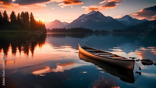 Boat on the lake with mountain background with sunrise photo