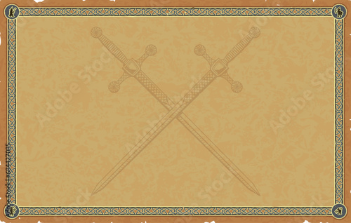 Large Medieval Parchment with Celtic Knot Frame, Fantasy Icons, Crossed Two-Handed Swords