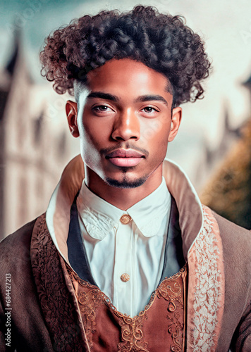 Handsome serious and charming black man in vintage victorian clothes