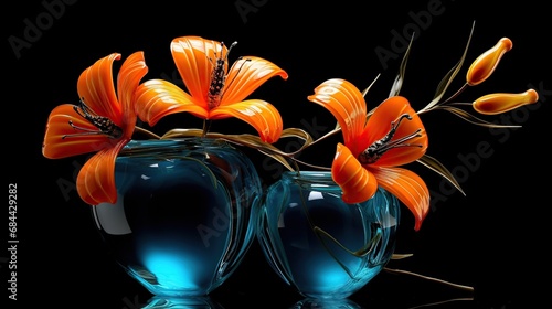 Blue and orange butterflies in a glass vase on a black background photo