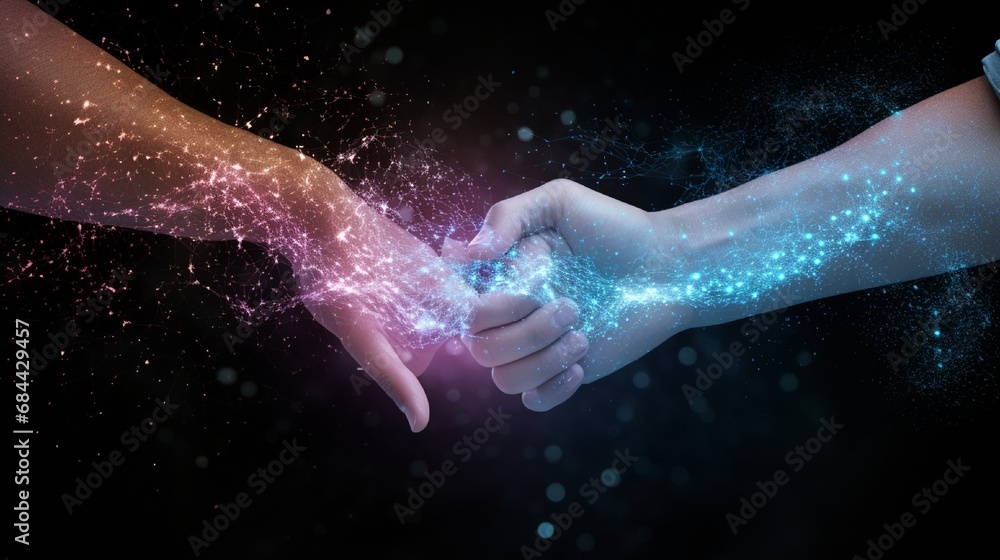 Fototapeta premium Abstract representation of a virtual handshake through glowing particles converging in unity.