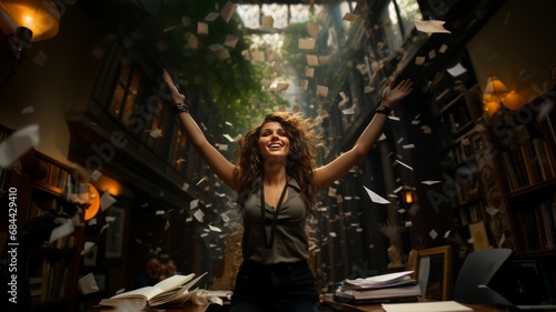 Happy young woman with curly brown hair throwing paper in air with joy