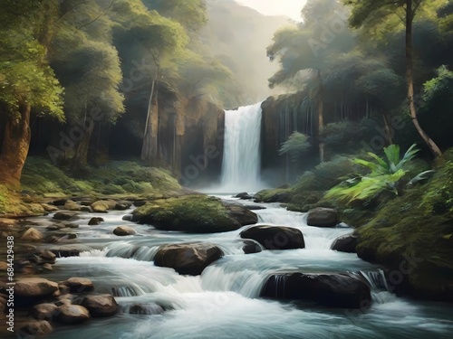 Realistic waterfall  very natural  nature tourism  pastel colors  photography style