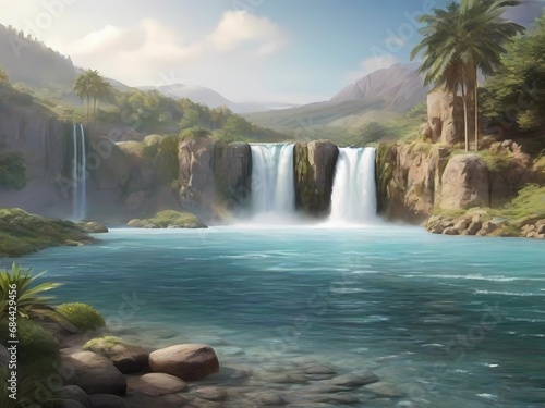 Realistic waterfall, very natural, nature tourism, pastel colors, photography style © CAHYONOZX