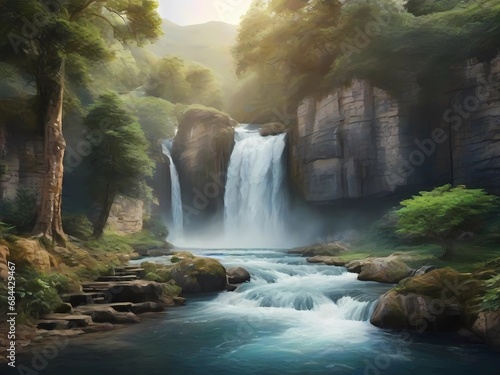 Realistic waterfall  very natural  nature tourism  pastel colors  photography style