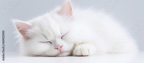 In the isolated white background, a cute young white cat with beautiful purebred fur, peacefully sleeps, displaying its funny and adorable features through closed eyes.