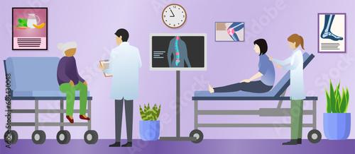 Doctor and patient looking at backbone x-ray vector illustration, the doctor checks the health of an elderly patient suffering from arthritis, rheumatologist medical