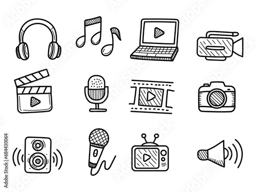 Set of audio and video doodle illustration on white background. Hand-drawn audio and video doodle 