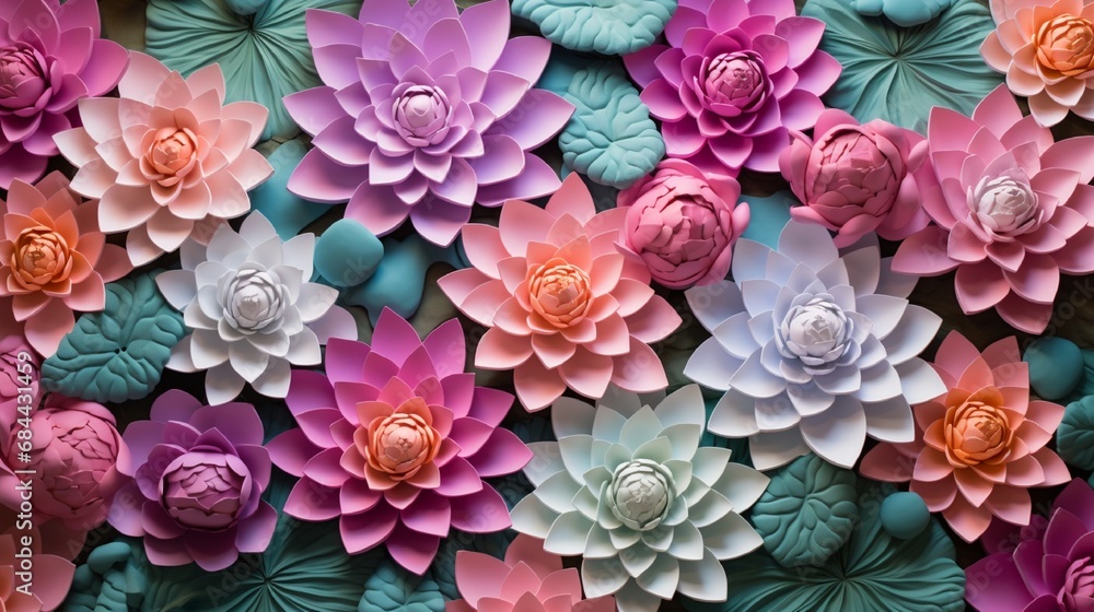 An artfully crafted 3D wall featuring an arrangement of lotus flowers, their petals exquisitely detailed and vibrant.