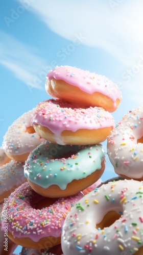 Bright pastel color frosted assorted donuts, blue sky background