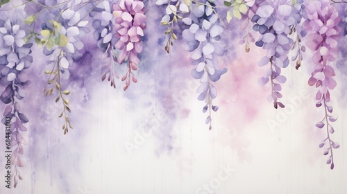 An elegant 3D wallpaper design displaying cascading wisteria flowers against a serene, watercolor-inspired background.
