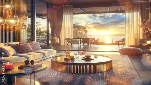 Beautiful sunset fantasy landscape seen in the living room. Illustration of panoramic sunset in the house. Seamless looping virtual video background	 photo