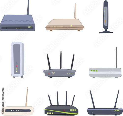 dsl modem set cartoon. router communication, wireless web, wlan a dsl modem sign. isolated symbol vector illustration photo