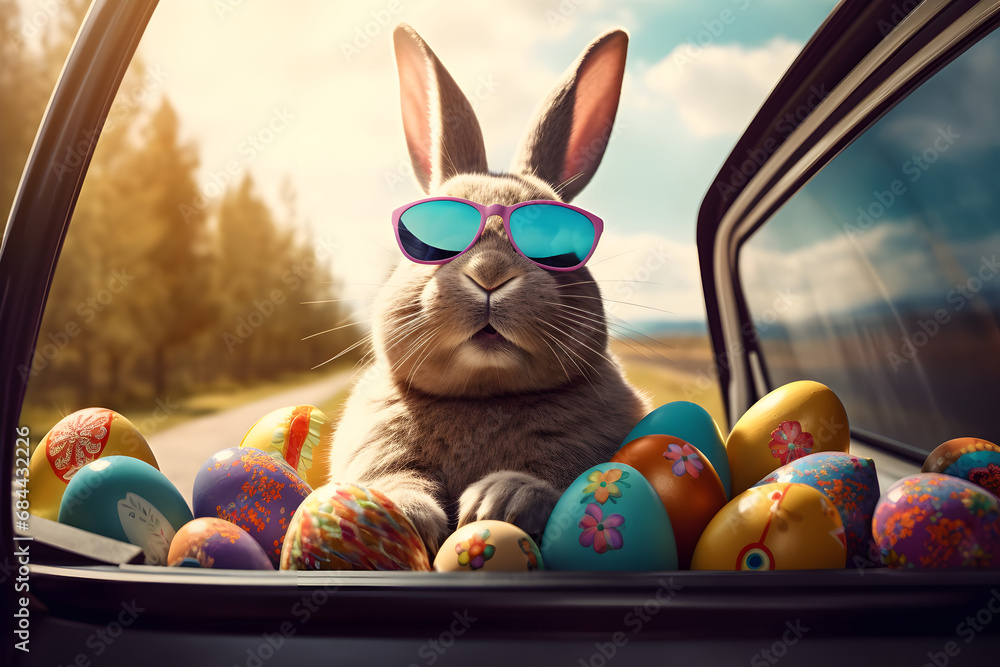 bunny wearing sunglasses sitting in the driver’s seat of a car with colorful eggs scattered around it