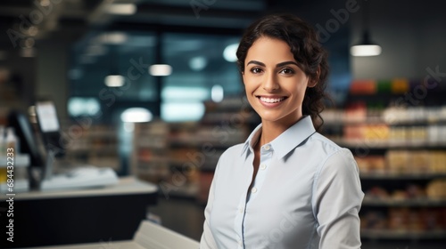 Happy young attractive saleswoman cashier serving customers in supermarket.