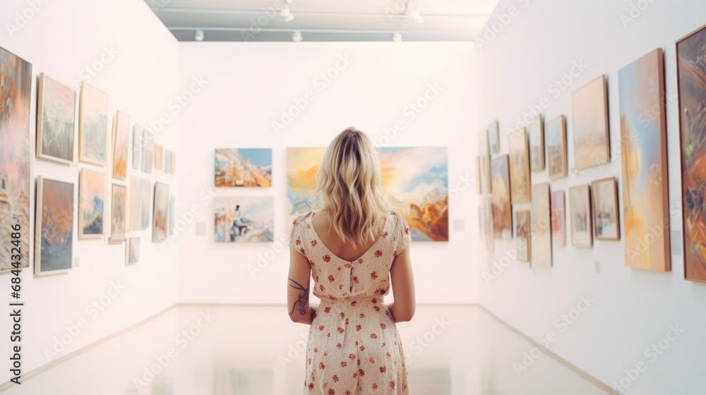 Young woman looks at paintings in a museum or exhibition at art gallery. Young woman looks at paintings in a museum or exhibition at art gallery.