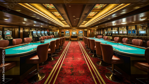 The serene atmosphere of the casino interior is accentuated by empty green roulette tables