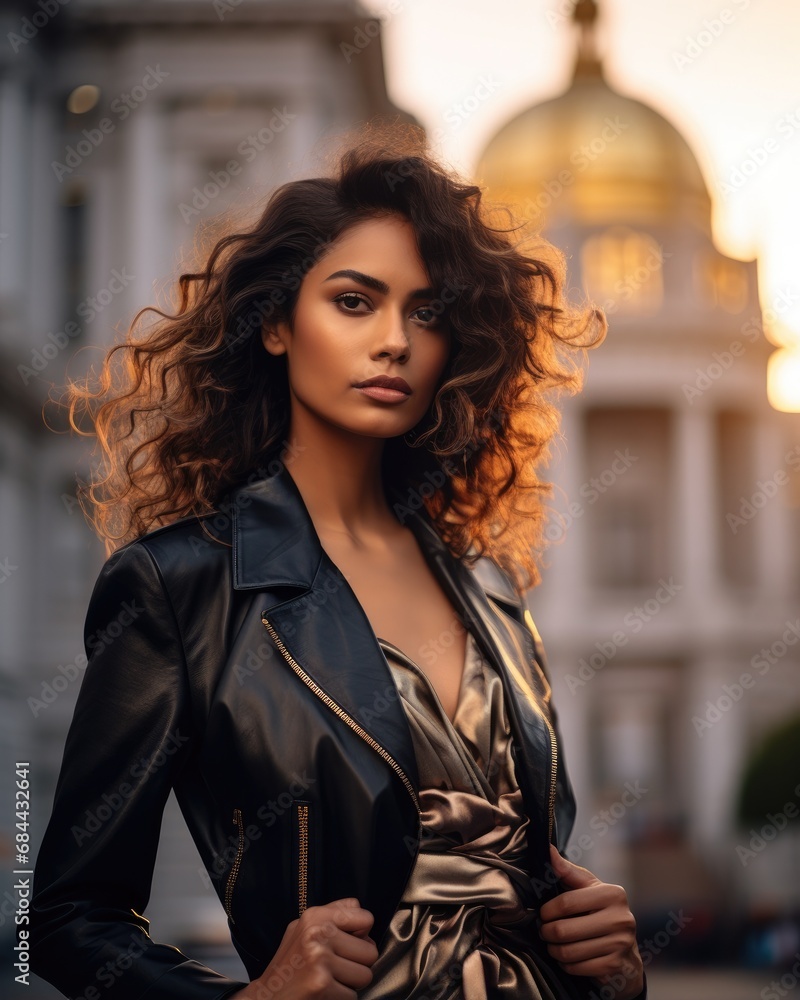 A woman in a leather jacket posing for a picture. Generative AI. A woman in a leather jacket posing for a picture. Generative AI.