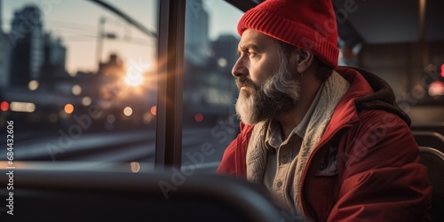 A man with a beard and a red hat looks out a window. Generative AI.