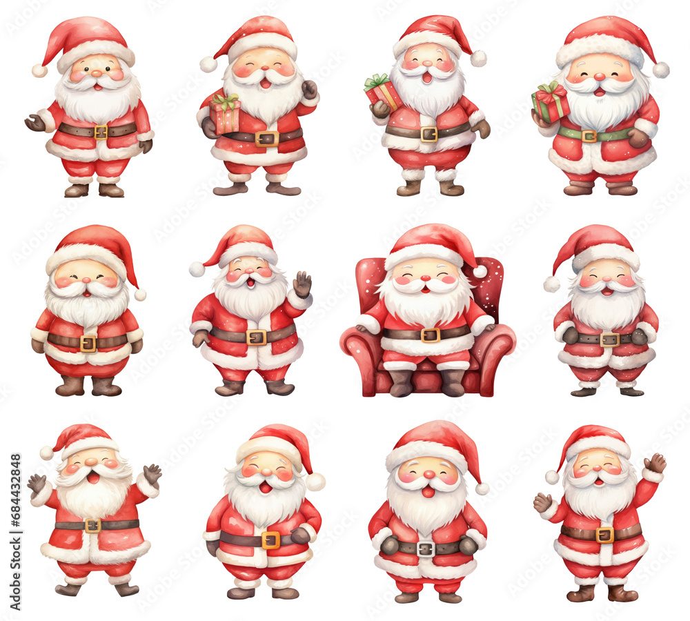 Watercolor Cute Santa Clauses Set. Set of Happy Santa Claus Characters Clipart. Hand Drawn Cute Santa Claus Illustrations. Watercolor Cute Santa Clauses Set. Set of Happy Santa Claus Characters Clipart. Hand Drawn Cute Santa Claus Illustrations.