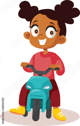 Happy Little Girl Riding a Scooter Tricycle Vector Cartoon Character. Funny kid enjoying her three-wheeled bike learning to ride it 

