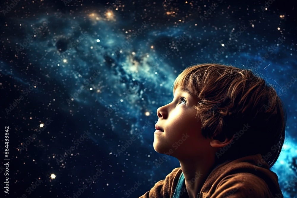 Kid looking into the deep night sky dreaming about the upcoming future and want to explore the galaxy space, idea for prayer or hope concept, Generative AI Kid looking into the deep night sky dreaming about the upcoming future and want to explore the galaxy space, idea for prayer or hope concept, Generative AI