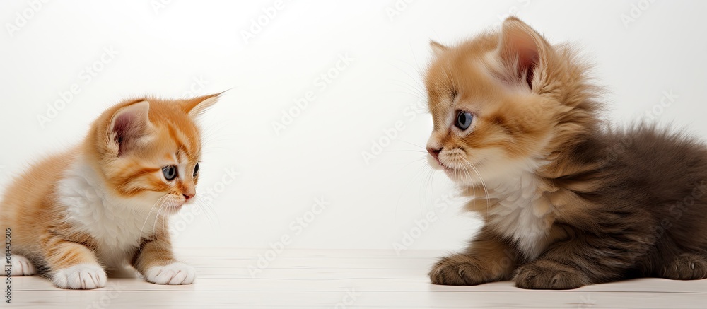 In an isolated white background, a beautiful baby stares at a portrait of a cute cat with black and orange hair, showcasing their young and funny expressions that captivate anyone's eyes.