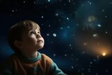 Kid looking into the deep night sky dreaming about the upcoming future and want to explore the galaxy space, idea for prayer or hope concept, Generative AI